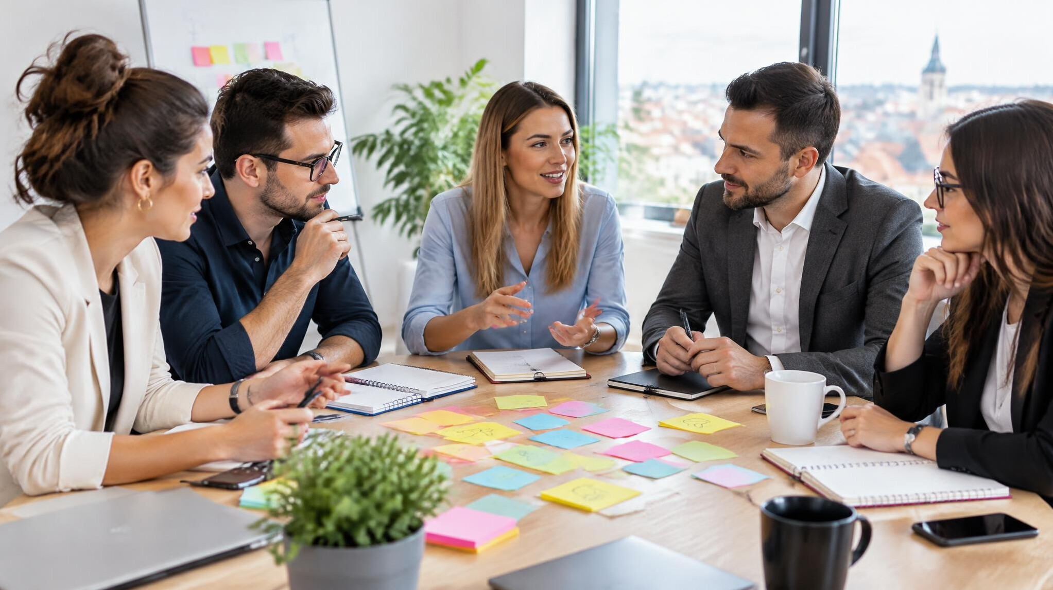 Group of professionals brainstorming around a table with notes