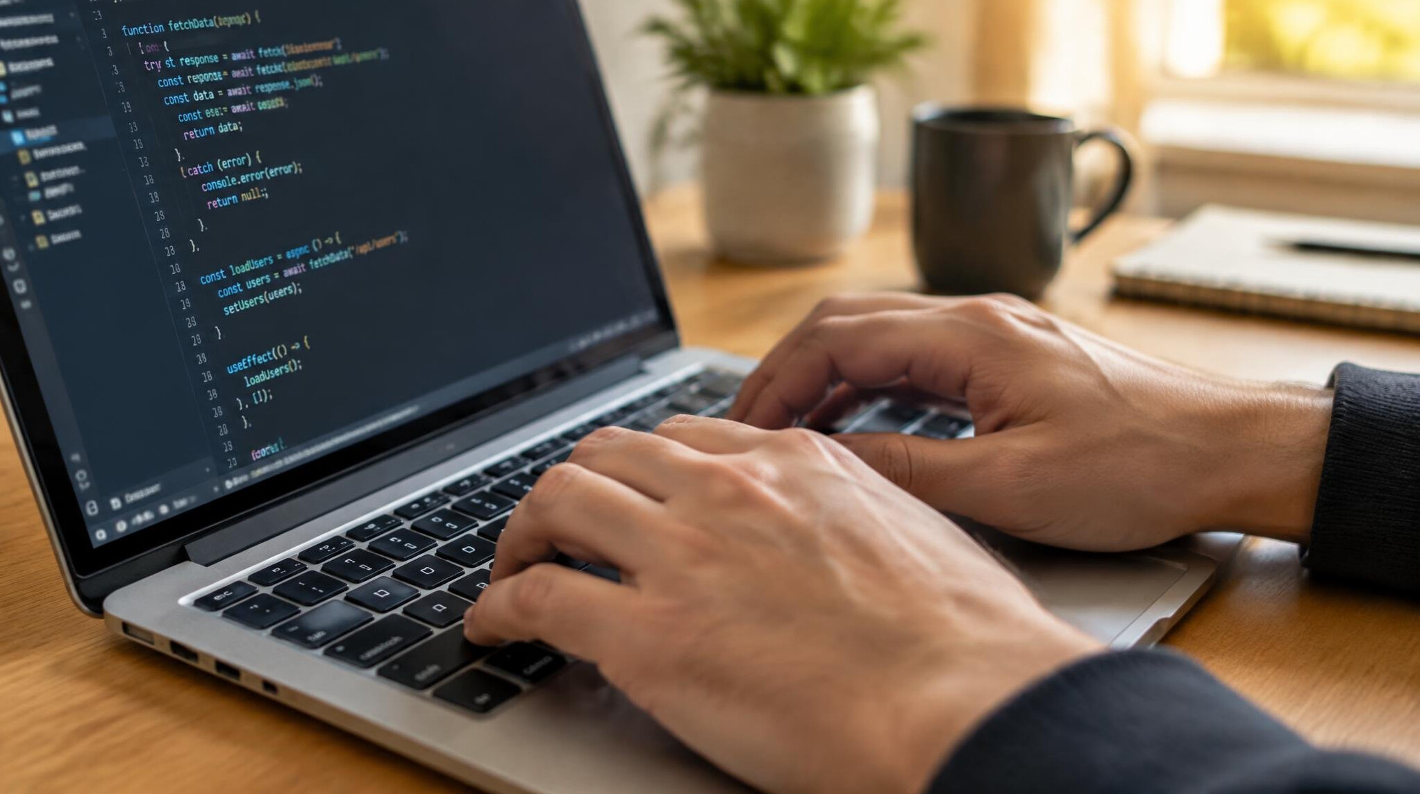 Close-up of hands typing code on a laptop keyboard