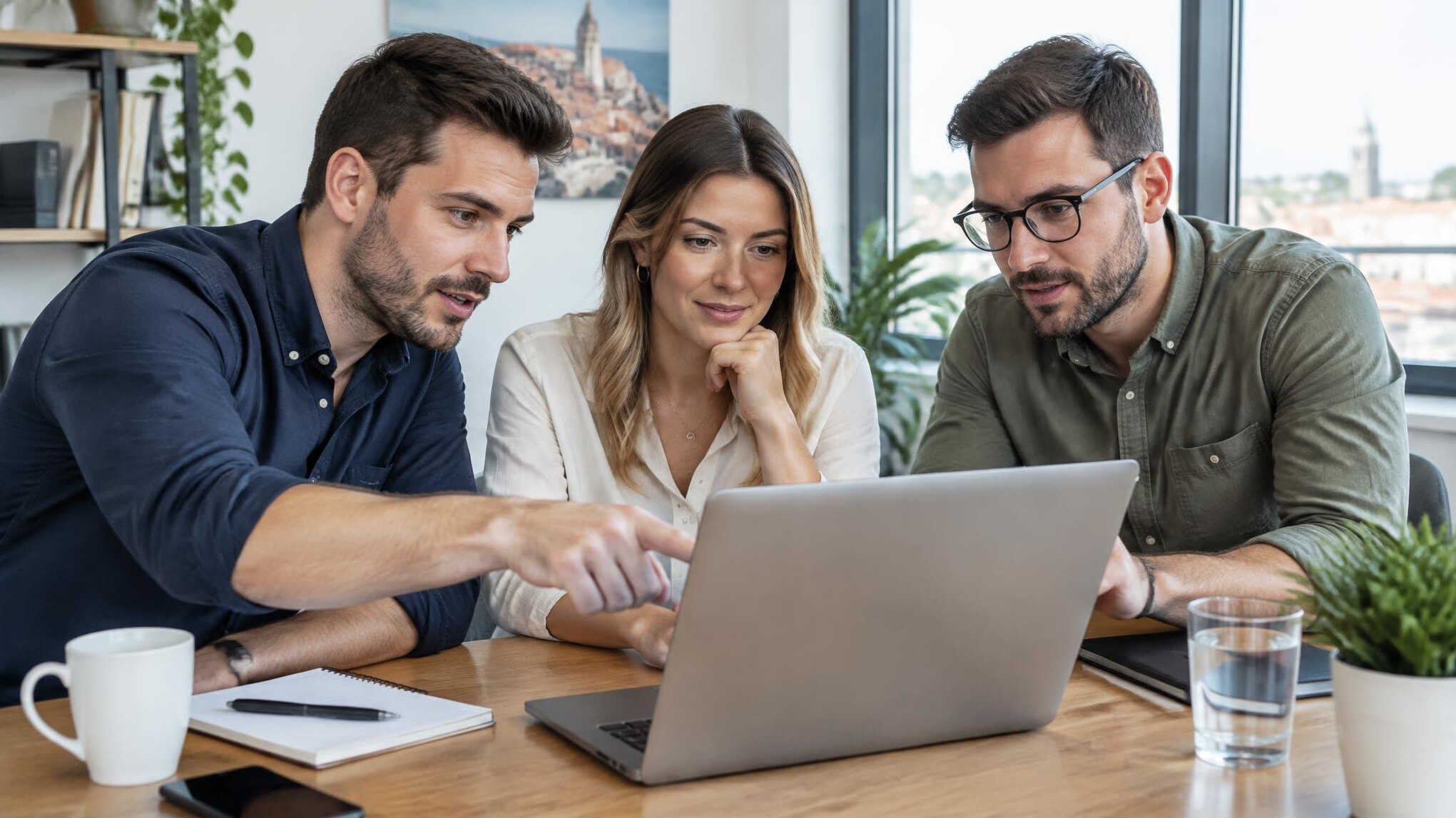 Small team gathered around a laptop discussing a project