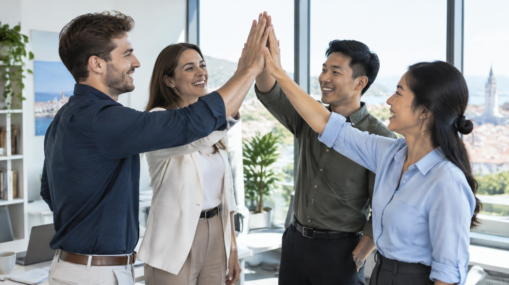 Diverse team of colleagues celebrating together in a modern office